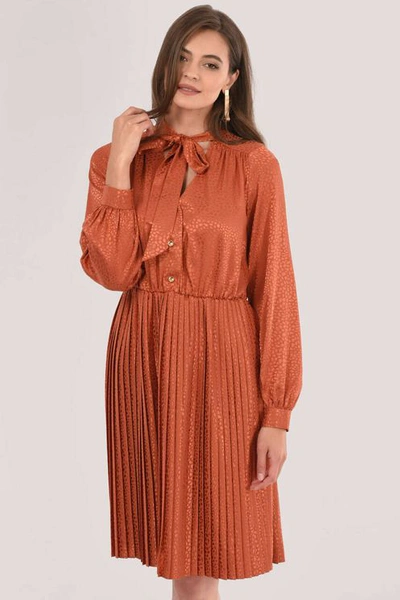 Closet London Rust Tie Neck Pleated Dress In Orange