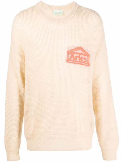 Aries Temple Logo Oversize Waffle Knit Sweater In Neutral