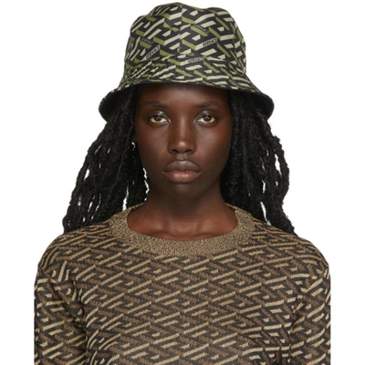 Versace Nylon Stampa Monogram Bucket Hat In Kaki