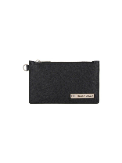 Balenciaga Leather Zip Card Case & Removable Keyring Strap In Black