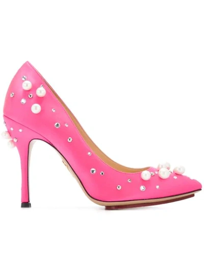 Charlotte Olympia Bacall Crystal-embellished Stiletto Pumps In Hot Pink Satin