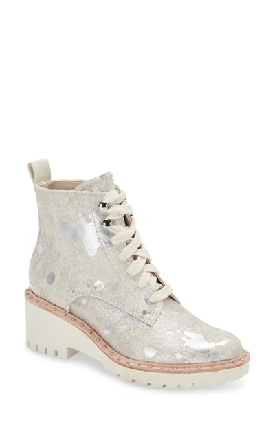 Dolce Vita Hinto Lace-up Wedge Combat Booties Women's Shoes In Silver Metallic Calf Hair