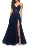La Femme Corset Sheer Bodice Tulle A-line Dress In Blue