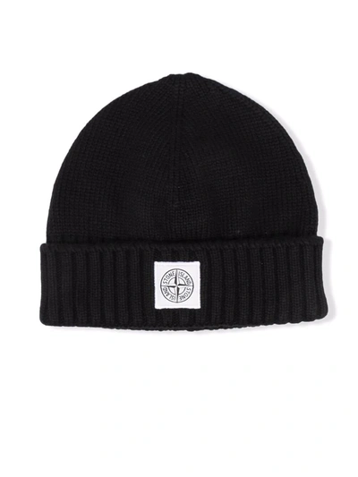 Stone Island Junior Babies' Logo-patch Ribbed Beanie In Black