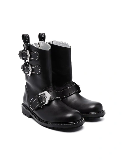 Givenchy Kids' Buckled Stud-embellished Boots In Black
