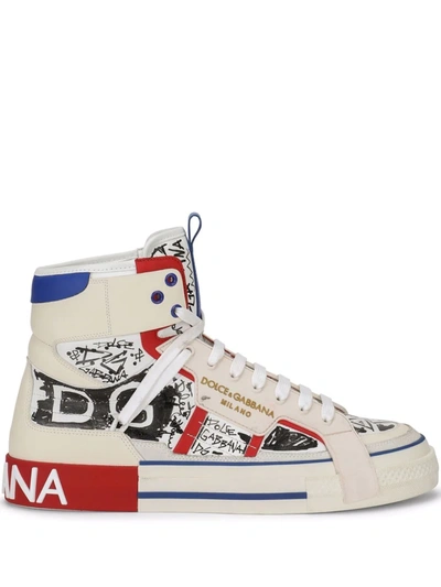 Dolce & Gabbana Calfskin Custom 2.zero High-top Trainers With Graffiti Print In Printed