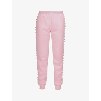 Moschino Womens Fantasy Print Pink Faux Pearl-embellished Tapered High-rise Jersey Jogging Bottoms 8