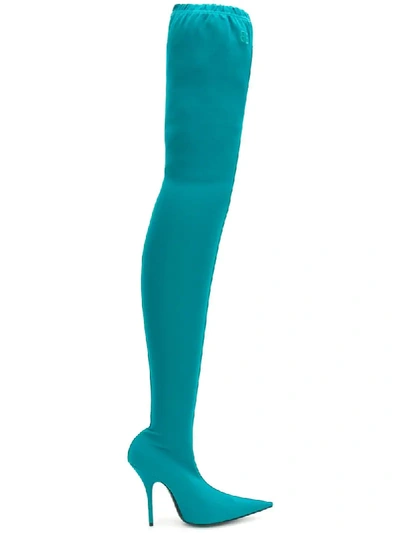 Balenciaga 80mm Knife Jersey Over The Knee Boots In Turquoise