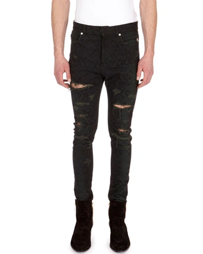 Balmain Distressed Python-print Skinny Jeans