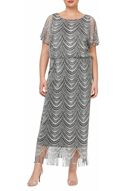 Sl Fashions Long Crochet Blouson Dress In Silver