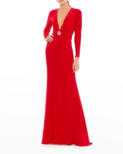 Ieena For Mac Duggal Plunging Long-sleeve Jersey Keyhole Gown In Red