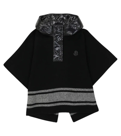 Moncler Kids' Logo Wool-blend Flannel Poncho In Black