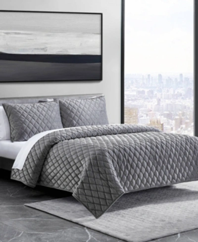 Vera Wang Diamond Velvet Reversible 3 Piece Quilt Set, Queen Bedding In Soft Charcoal