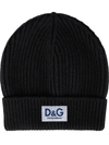 Dolce & Gabbana Ribbed Knit Hat With Logo Label In Black