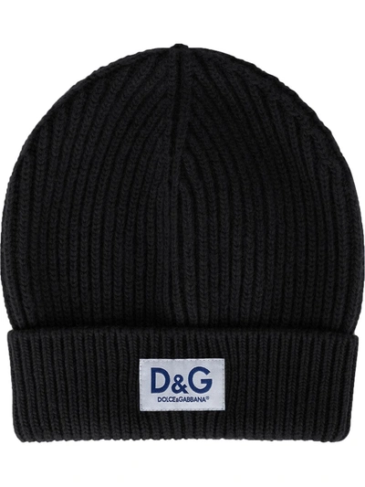 Dolce & Gabbana Ribbed Knit Hat With Logo Label In Black