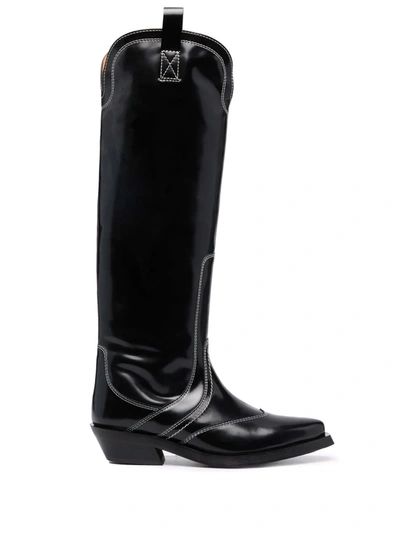 Ganni Black Polished Western Tall Boots | ModeSens