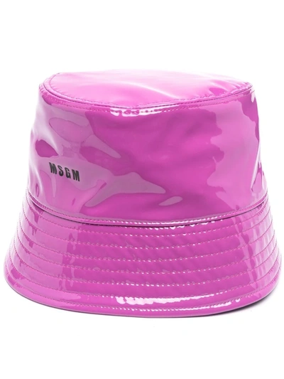 Msgm Pink Patent Leather Bucket Hat With Logo In Purple