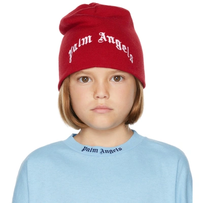 Palm Angels Kids' Embroidered Logo Wool Beanie Hat In Red