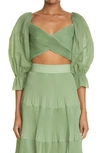 Zimmermann Pleated Bodice Balloon Sleeve Crop Top In Fern