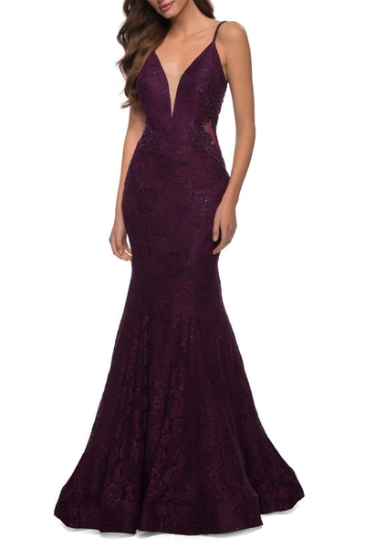 La Femme Sleeveless Lace Mermaid Gown In Dark Berry