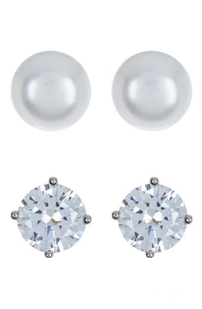 Nordstrom Rack Set Of 2 Sterling Silver Cubic Zirconia & Faux Pearl Stud Earrings In Clear- White- Silver