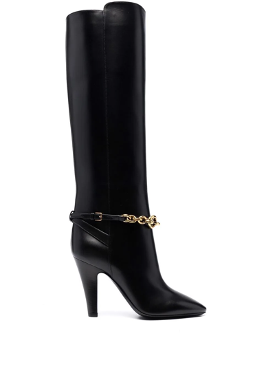 Saint Laurent Le Maillon Chain-embellished Leather Knee Boots In Black