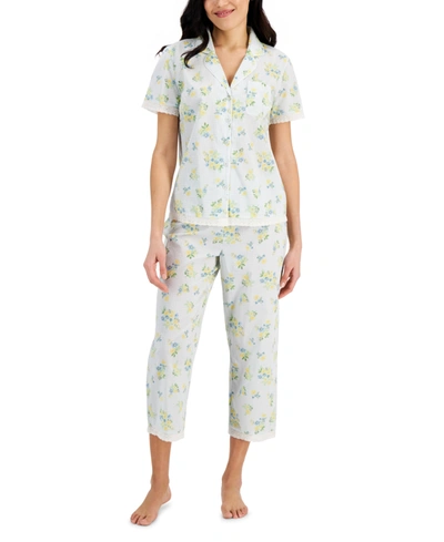 Charter Club Printed Lace-trim Notch Collar Cropped Cotton Pajama Set,  Created For Macy's In Floral Gingham | ModeSens
