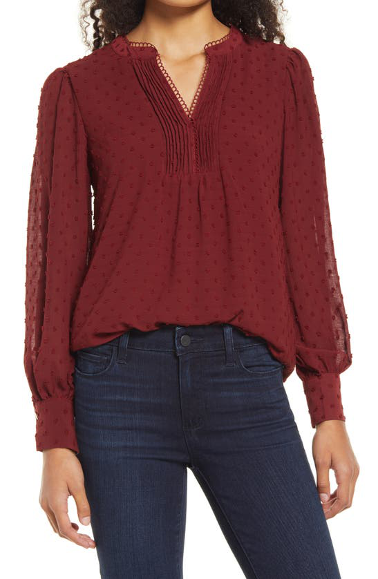 Cece Clip Dot Long Sleeve Blouse In Claret Red ModeSens