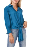 Vince Camuto Tie Front Button-up Matte Satin Blouse In Blueberry