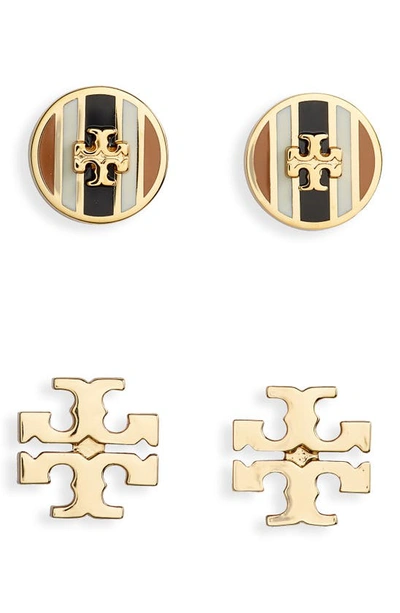 Tory Burch Kira Set Of 2 Stud Earrings In Tory Gold/black/ivory/camello