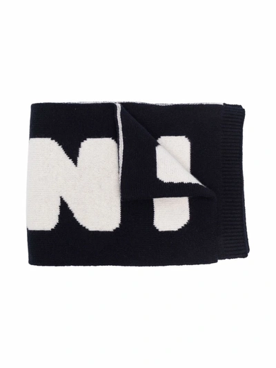 Marni Kids' Intarsia-knit Logo Wool Scarf In Navy
