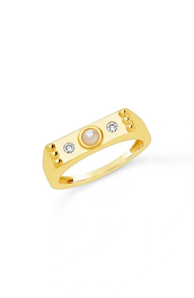 Sterling Forever Women's Sterling Silver Imitation Pearl And Cubic Zirconia Bar Ring In Gold