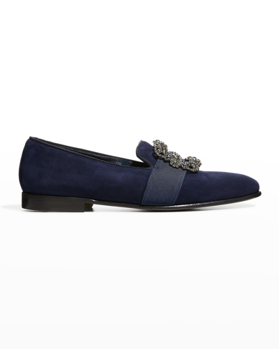 Manolo Blahnik Men's Carlton Crystal Encrusted Buckle Suede Loafers In Blue