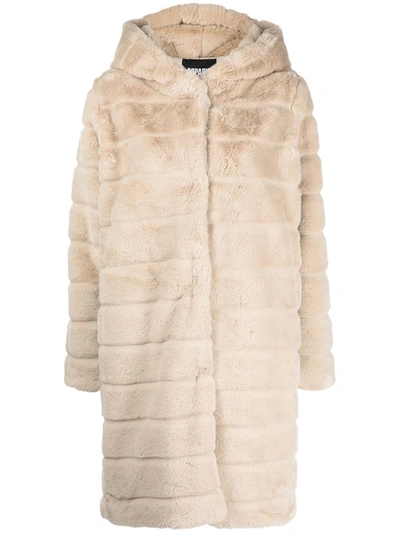 Apparis Celina Hooded Faux Fur Long Coat In Latte