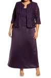 Alex Evenings Embroidered Lace Mock Two-piece Gown With Jacket In Eggplant