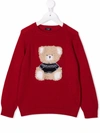 Il Gufo Kids' Bear-embroidered Knitted Jumper In Red