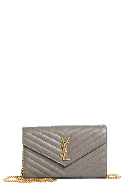 Saint Laurent Monogram Matelassé Leather Wallet On A Chain In Fog