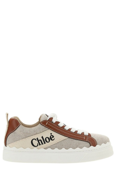 Chloé Woody Lauren Leather-trimmed Logo-print Cotton-canvas Sneakers In Beige