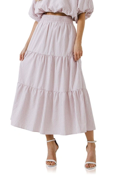 English Factory Tiered Gingham Maxi Skirt In Dusty Rose