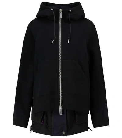 Sacai Sponge Sweat Colorblock Grosgrain Belted Hoodie In Black