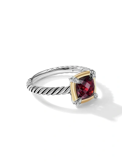 David Yurman 18k Yellow Gold & Sterling Silver Petite Chatelaine Garnet & Diamond Bezel Ring