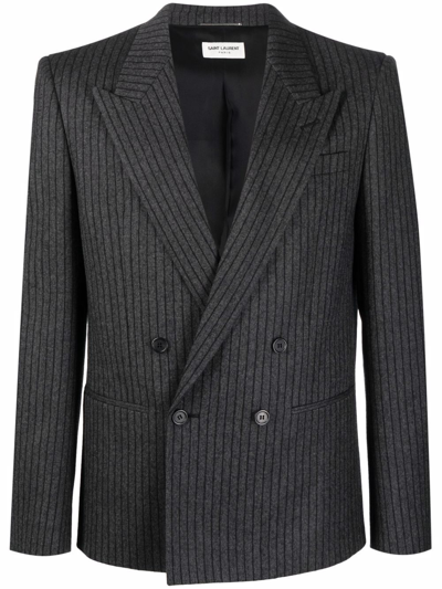 Saint Laurent Striped Double-breasted Blazer In Grau