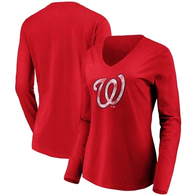 Fanatics Women's Heathered Red Washington Nationals Core Weathered Tri-blend V-neck T-shirt