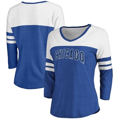 Fanatics Women's Heathered Royal, White Chicago Cubs Official Wordmark 3/4 Sleeve V-neck T-shirt In Heather Royal