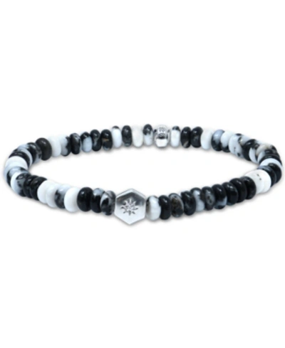 Anzie Black & White Agate Rondelle & White Topaz Accent Stretch Bracelet In Sterling Silver