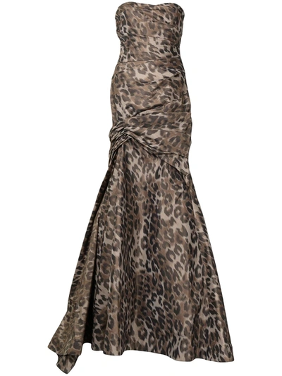 Monique Lhuillier Cold-shoulder Leopard Print Gown In Braun