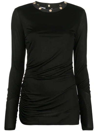St John Ruched Blouse With Leather Neckline In Black