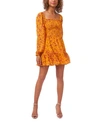 1.state Women's Printed Long Sleeve Square Neck Smocked Bodice Dress In Floral Glow