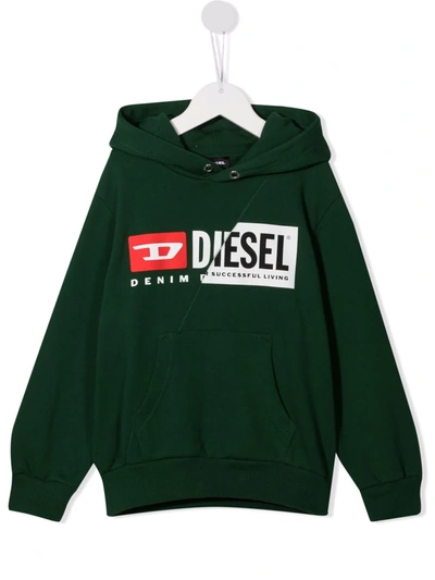 Diesel Kids' Sgirkhoodcutyx Over Spliced-logo Cotton Hoodie In Green