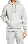 Champion Reverse Weave(r) All Over Logo Hoodie In Script Drop Shadow Oxford Grey